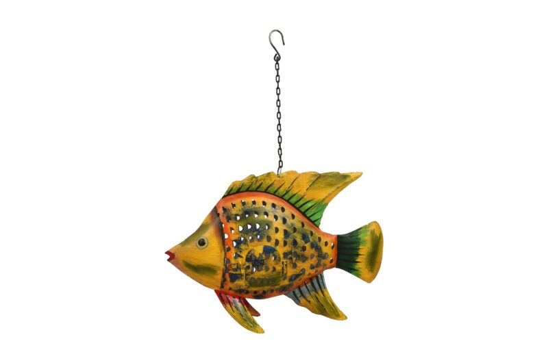 Indian Artisan Made Recycled Iron Fish Hanging Tealight Candle Lantern Garden Decoration