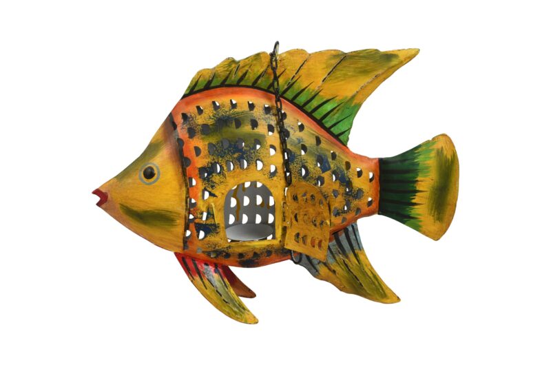 Indian Artisan Made Recycled Iron Fish Hanging Tealight Candle Lantern Garden Decoration - Image 2