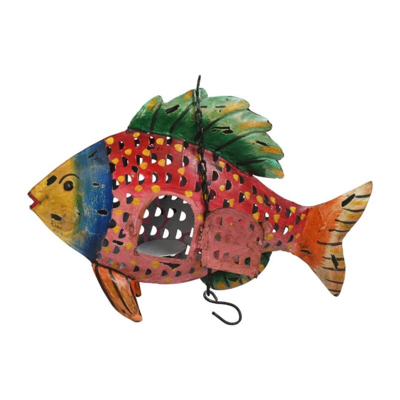 Ruby Mosaic Fish Tea Light Holder - Recycled Iron Hanging Garden Lantern - Image 3