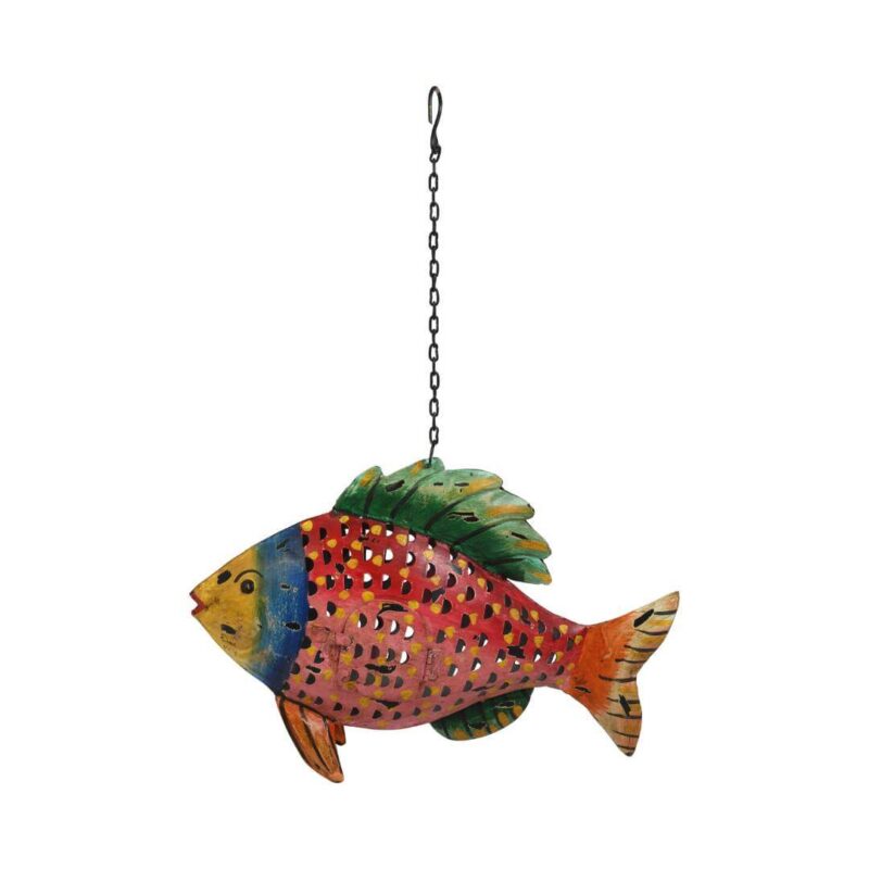 Ruby Mosaic Fish Tea Light Holder - Recycled Iron Hanging Garden Lantern - Image 2