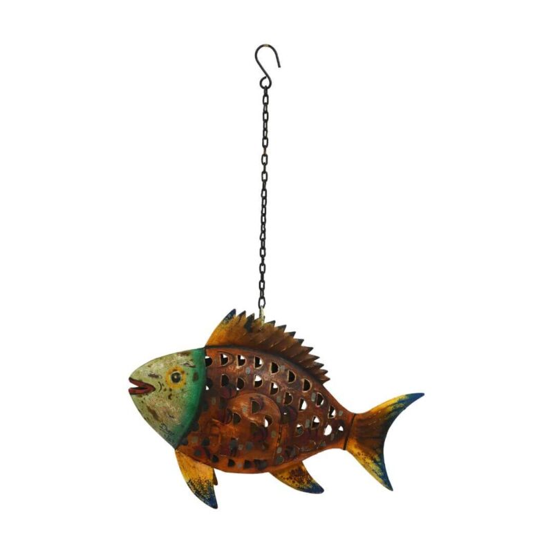 Rustic Copper Fish Tea Light Pendant - Recycled Iron Hanging Garden Lantern - Image 2