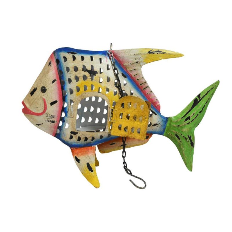 Citrus Splash Fish Tea Light Pendant - Recycled Iron Hanging Garden Lantern - Image 3