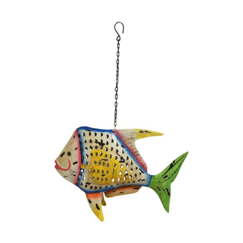 Citrus Splash Fish Tea Light Pendant - Recycled Iron Hanging Garden Lantern - Image 2