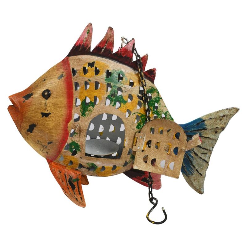 Emerald Fin Fish Garden Lantern - Recycled Iron Hanging Tealight Holder - Image 2