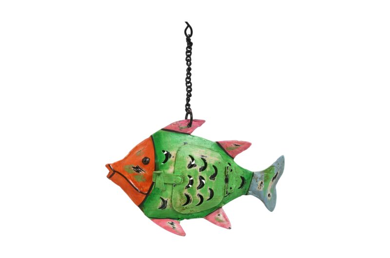 Indian Artisan Made Recycled Iron Fish Hanging Tealight Candle Lantern Garden Decoration