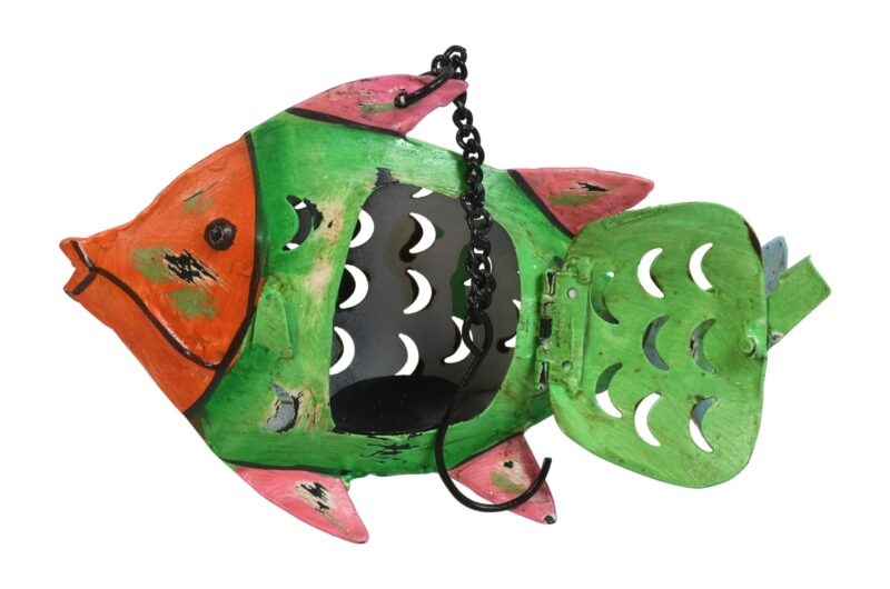 Indian Artisan Made Recycled Iron Fish Hanging Tealight Candle Lantern Garden Decoration - Image 2