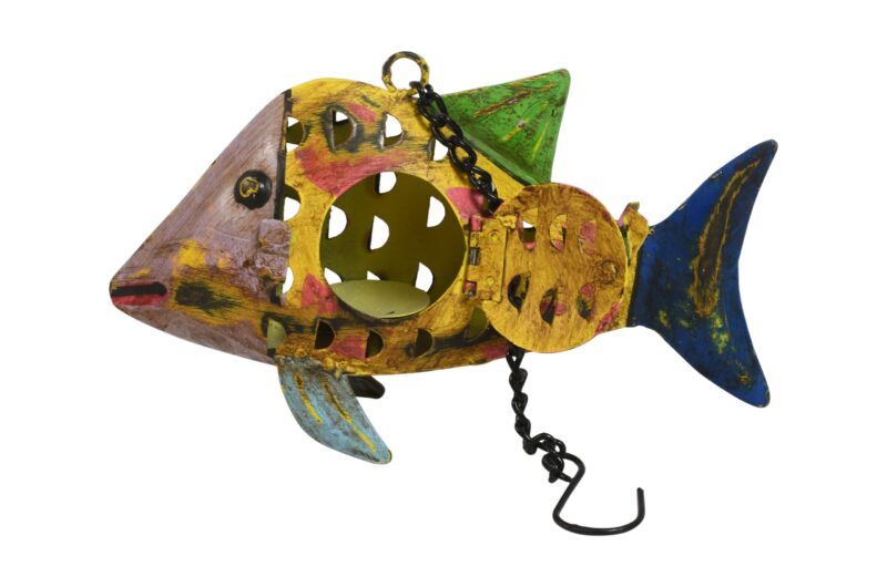 Indian Artisan Made Recycled Iron Fish Hanging Tealight Candle Lantern Garden Decoration - Image 2