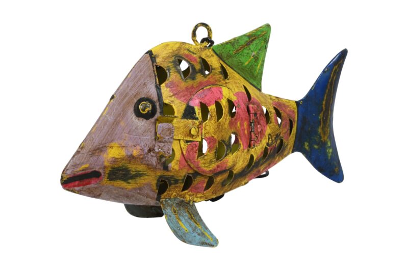 Indian Artisan Made Recycled Iron Fish Hanging Tealight Candle Lantern Garden Decoration - Image 3