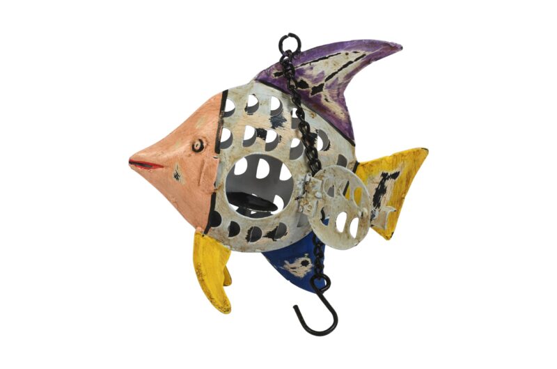 Indian Artisan Made Recycled Iron Fish Hanging Tealight Candle Lantern Garden Decoration - Image 2