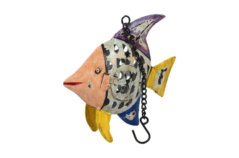 Indian Artisan Made Recycled Iron Fish Hanging Tealight Candle Lantern Garden Decoration - Image 3