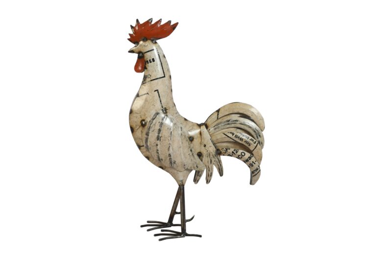 Recycled Iron White Rooster Garden Decoration - Large Artisan-Made Cockerel Figure