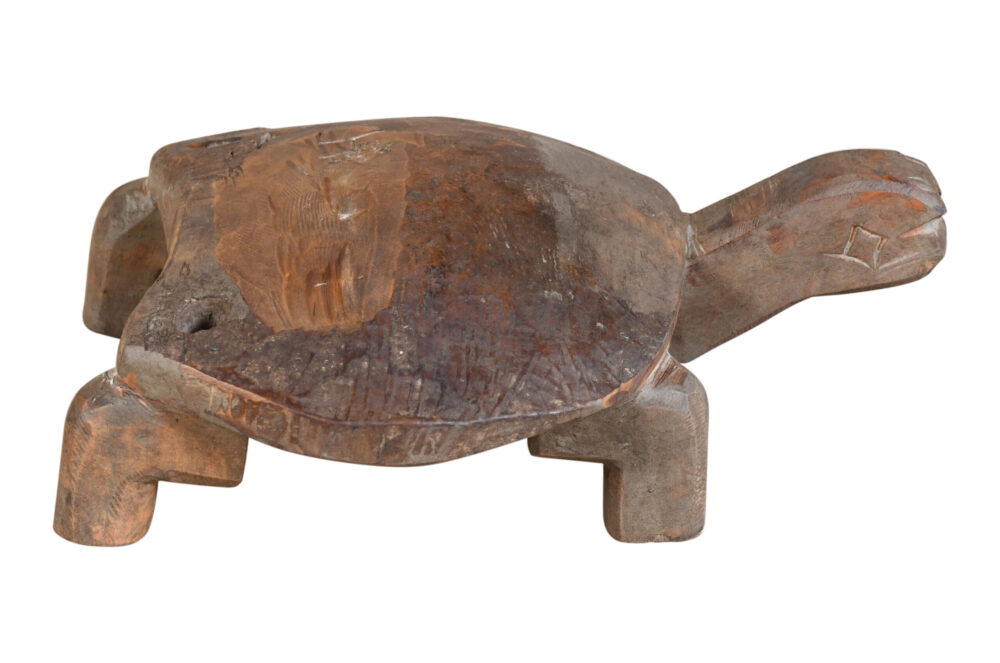 Vintage Indian Teak Wood Tortoise Statue Decor - Garden Or Home Made From Reclaimed Cow Bells
