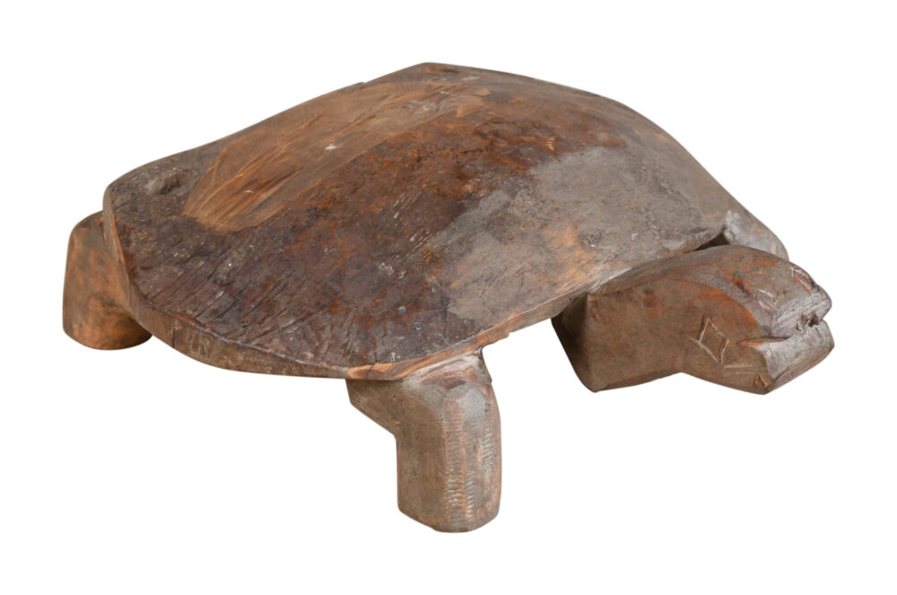 Vintage Indian Teak Wood Tortoise Statue Decor - Garden Or Home Made From Reclaimed Cow Bells - Image 2