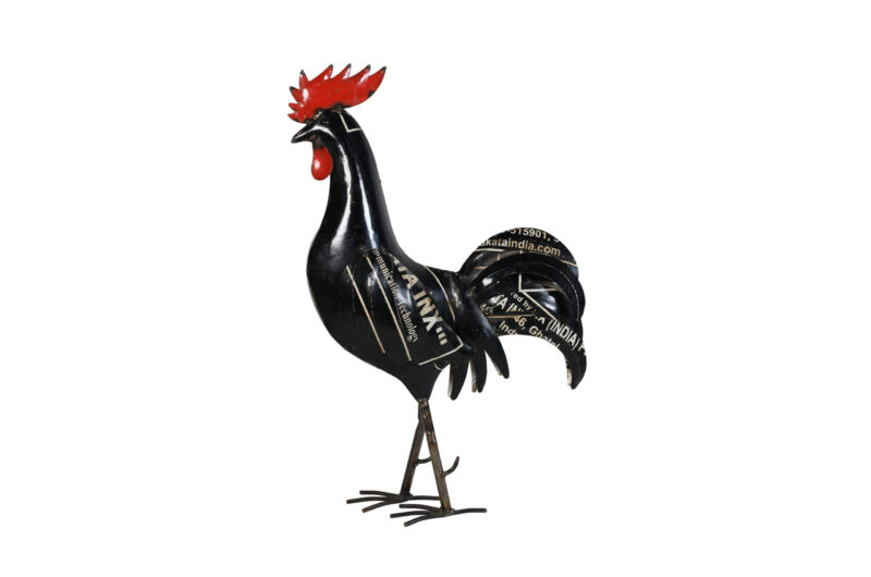 Indian Artisan Made Recycled Iron Black Rooster Garden Decoration Figure