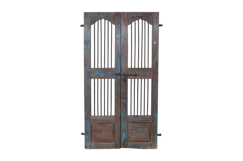 Antique Indian Painted Teak Wood Jali Door Garden Gate Pair - Image 2