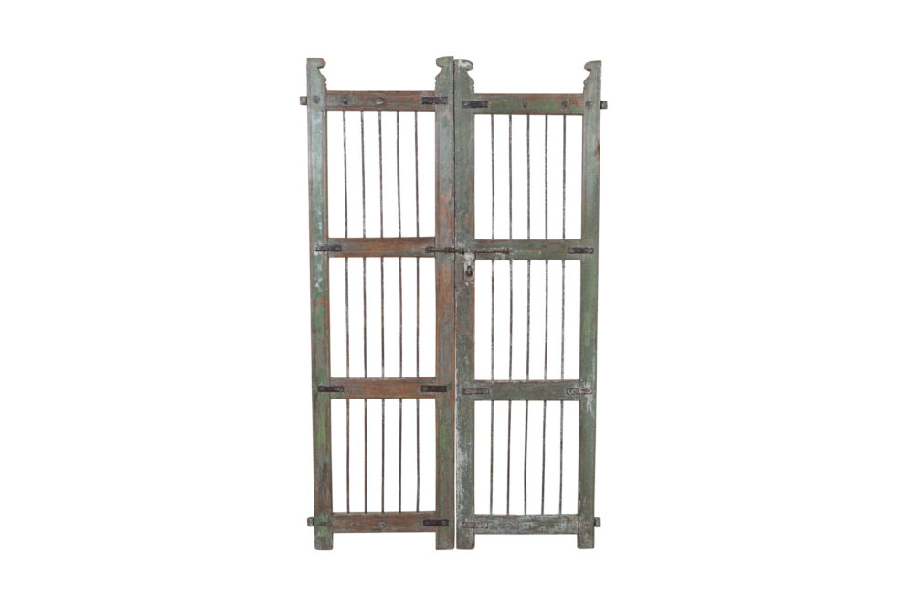 Antique Indian Painted Teak Wood Jali Door Garden Gate Pair