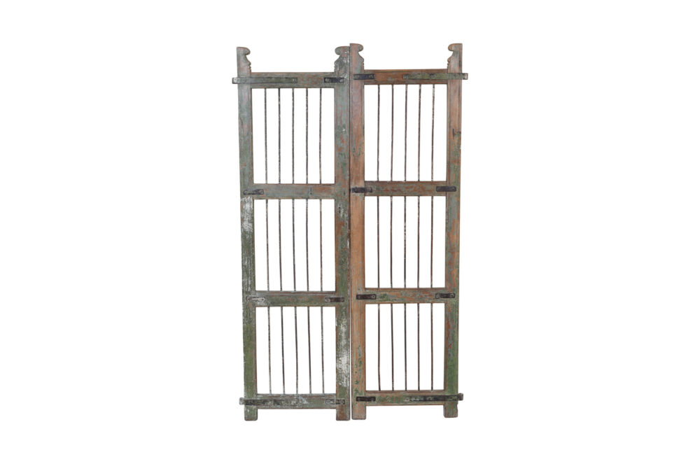 Antique Indian Painted Teak Wood Jali Door Garden Gate Pair - Image 2