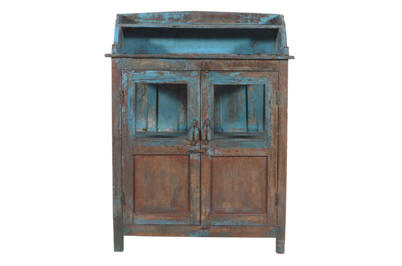 Antique Indian Painted Teak Wood Glass Almirah Display Kitchen Or Bathroom Cabinet - Image 2