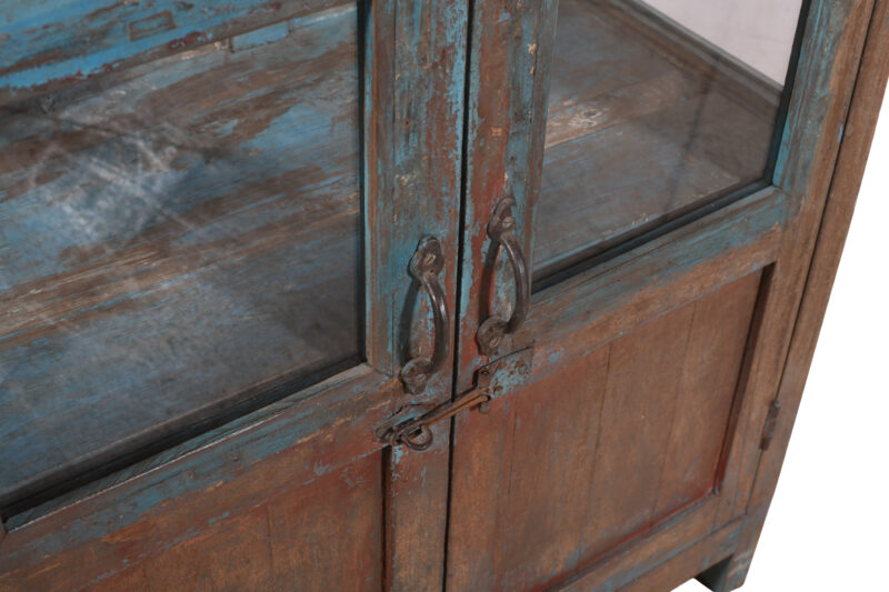 Antique Indian Painted Teak Wood Glass Almirah Display Kitchen Or Bathroom Cabinet - Image 3