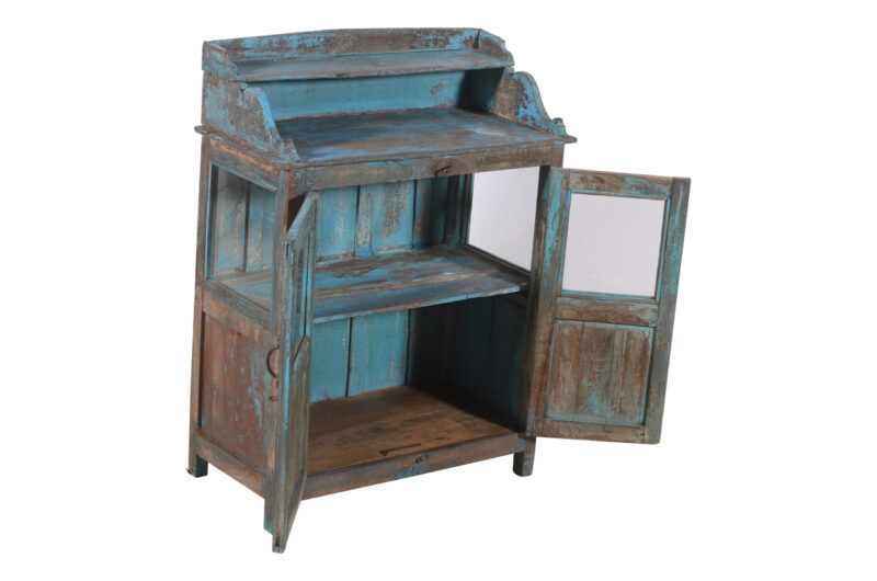 Antique Indian Painted Teak Wood Glass Almirah Display Kitchen Or Bathroom Cabinet - Image 4