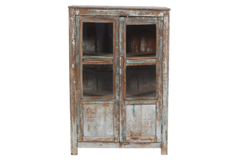 Antique Indian Painted Teak Wood Glass Almirah Display Kitchen Or Bathroom Cabinet - Image 4