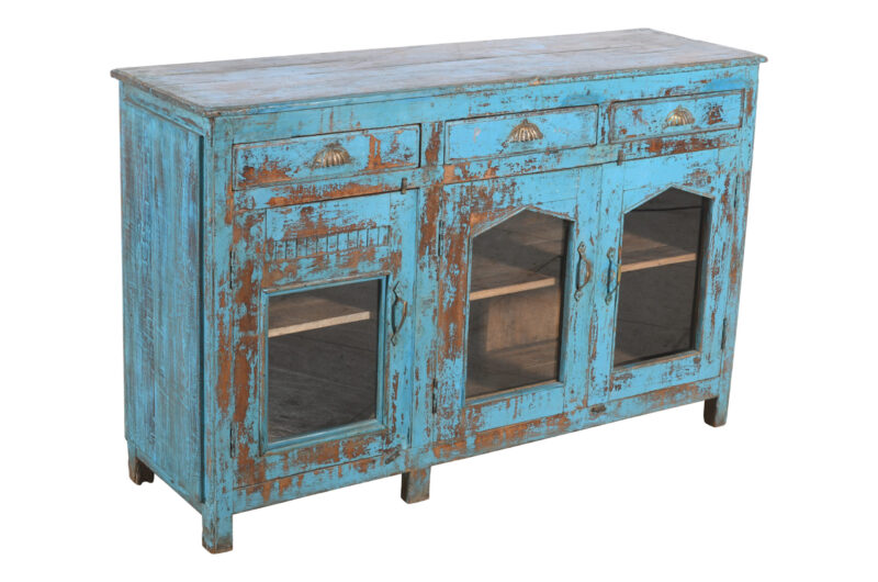 Antique Indian Painted Teak Wood Glass Sideboard Display Kitchen Or Bathroom Storage Cabinet