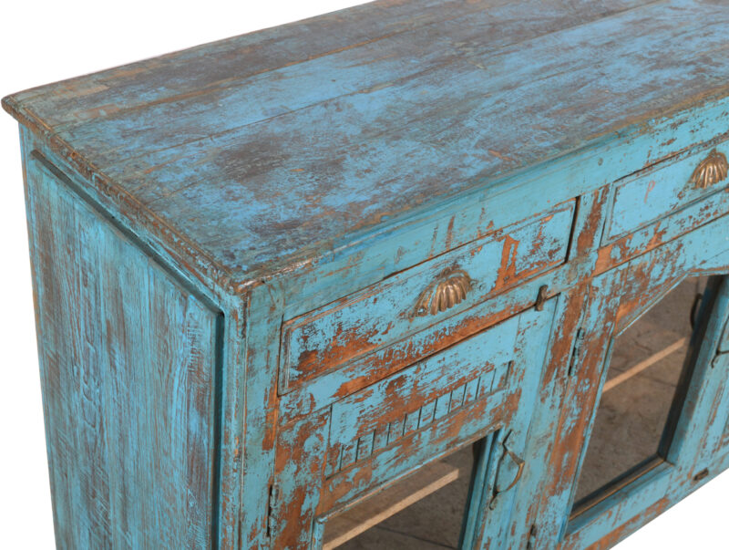 Antique Indian Painted Teak Wood Glass Sideboard Display Kitchen Or Bathroom Storage Cabinet - Image 3