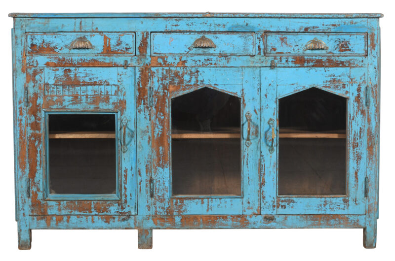 Antique Indian Painted Teak Wood Glass Sideboard Display Kitchen Or Bathroom Storage Cabinet - Image 4