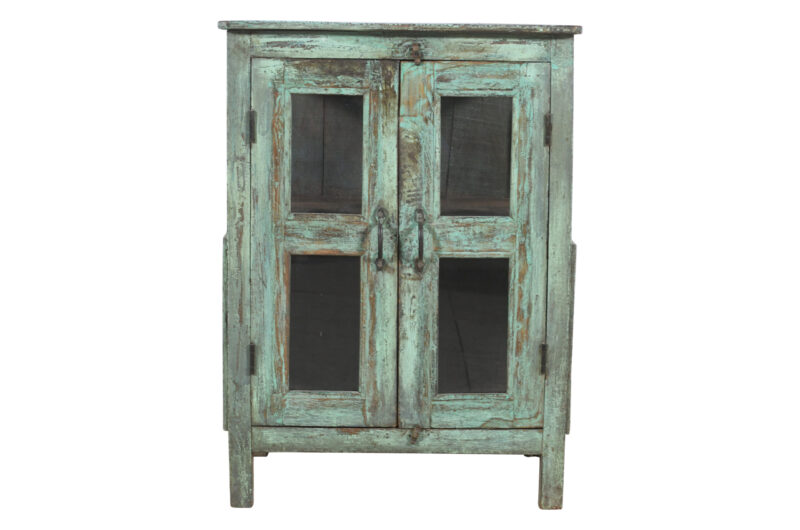 Antique Indian Painted Teak Wood Glass Almirah Display Kitchen Or Bathroom Cabinet - Image 2