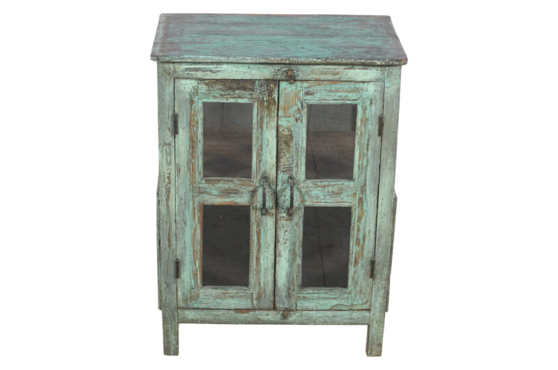 Antique Indian Painted Teak Wood Glass Almirah Display Kitchen Or Bathroom Cabinet - Image 3