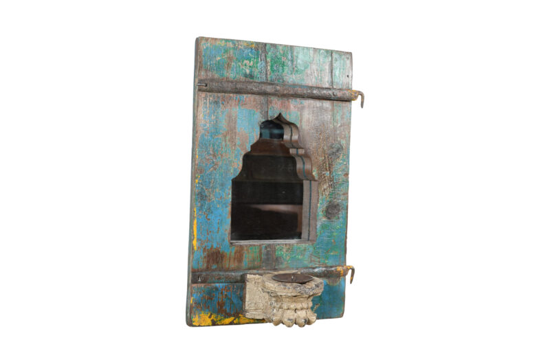 Vintage Reclaimed Indian Painted Teak Wood  Window Shutter Mehrab Wall Mirror With Candle Holder - Image 2