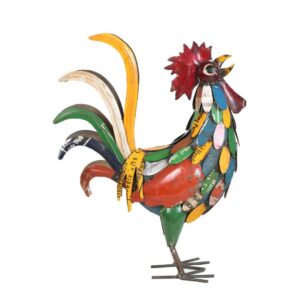 Handcrafted recycled iron rooster garden sculpture featuring vibrant multicoloured mosaic design and weatherproof finish