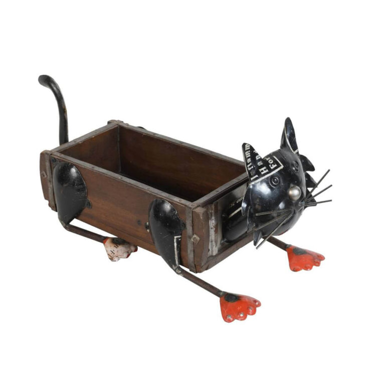 Recycled Iron Cat Planter with Vintage Teak