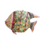 Handcrafted recycled iron fish tealight lantern featuring intricate perforated design and multicoloured weatherproof finish