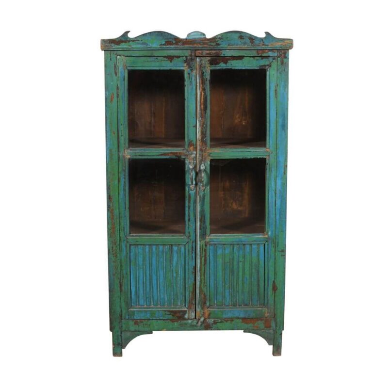 Antique Indian 1920s Teak Wood Glass Almirah Cabinet – Kitchen or Bathroom Storage - Image 2