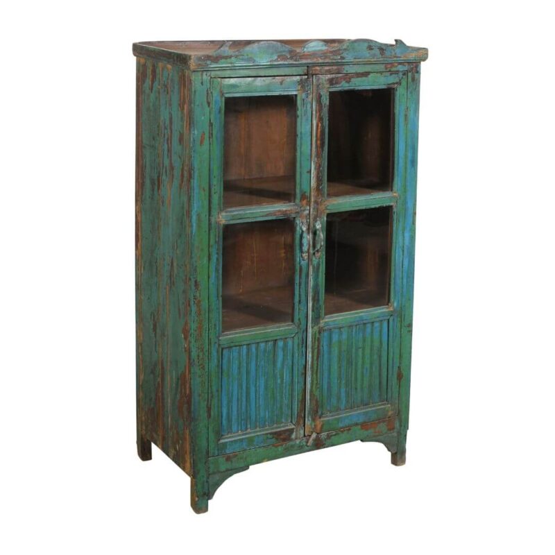 Front View of Antique Indian Teak Glass Almirah Cabinet