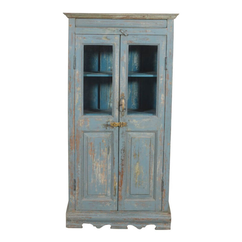 Antique Indian 1930s Teak Wood Glass Almirah Cabinet – Blue Kitchen or Bathroom Storage - Image 2