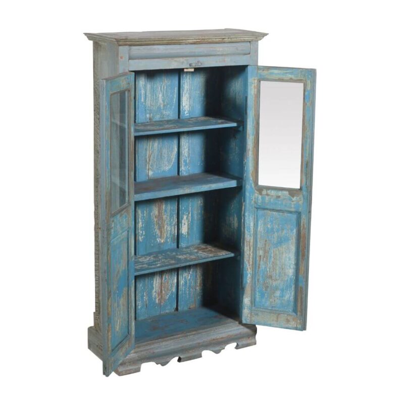 Antique Indian 1930s Teak Wood Glass Almirah Cabinet – Blue Kitchen or Bathroom Storage - Image 3