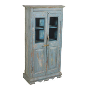 Antique Blue Indian Teak Glass Almirah Cabinet - Front View