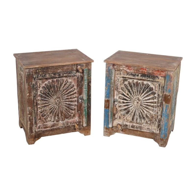 Pair of Indian Carved Teak Bedside Cabinets - Front View