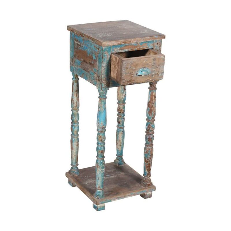 Fine Vintage Indian Teak Wood Bedside Cabinet or Pot Stand – Distressed Blue Accent Table - Image 3