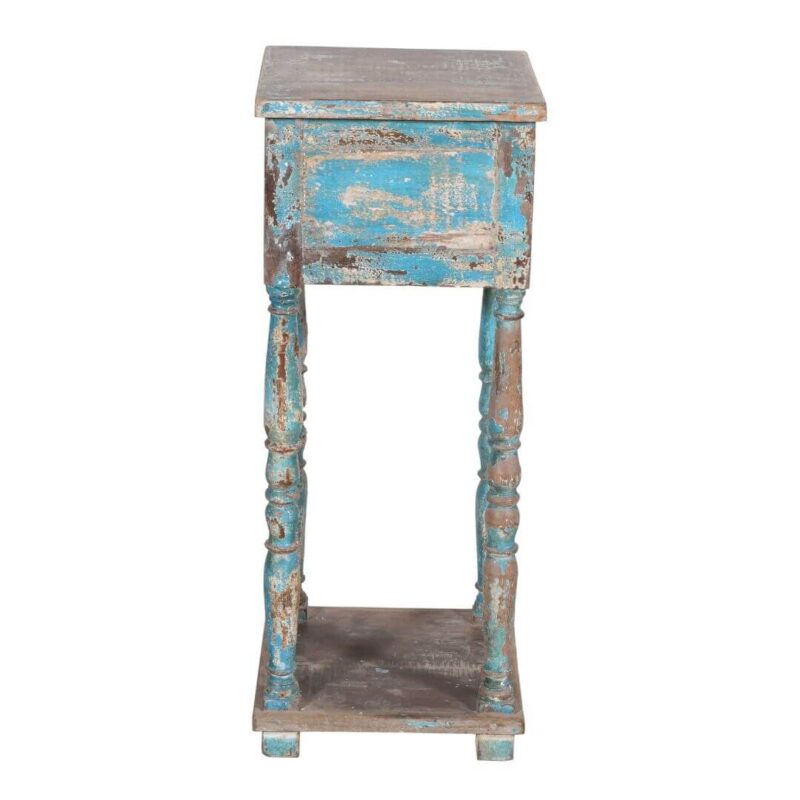 Fine Vintage Indian Teak Wood Bedside Cabinet or Pot Stand – Distressed Blue Accent Table - Image 2