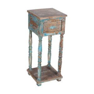 Vintage Blue Indian Teak Bedside Cabinet or Pot Stand - Front View