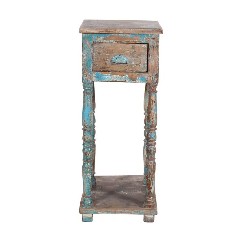 Fine Vintage Indian Teak Wood Bedside Cabinet or Pot Stand – Distressed Blue Accent Table - Image 4