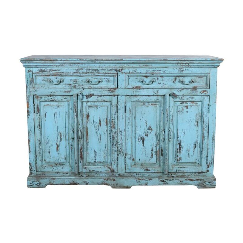 Antique Indian 1930s Teak Wood Kitchen Dresser Base – Distressed Blue Cupboard - Image 4