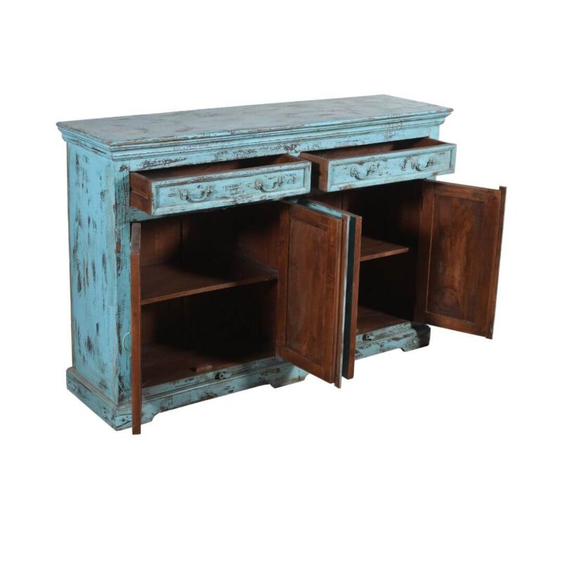 Antique Indian 1930s Teak Wood Kitchen Dresser Base – Distressed Blue Cupboard - Image 3