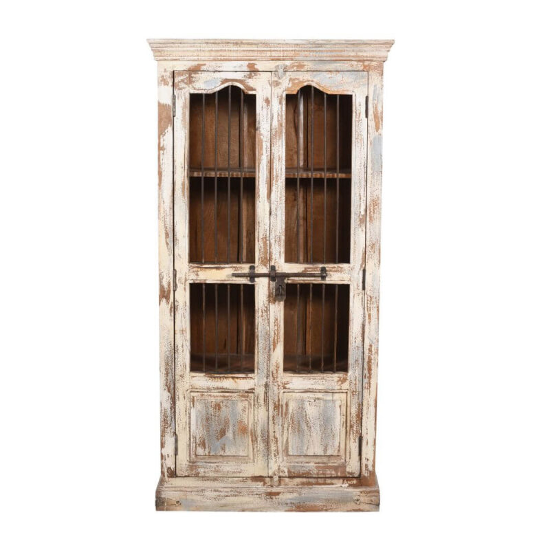 Vintage Indian Teak Wood Reclaimed Jali Door Cabinet – Distressed White Display Cupboard - Image 2