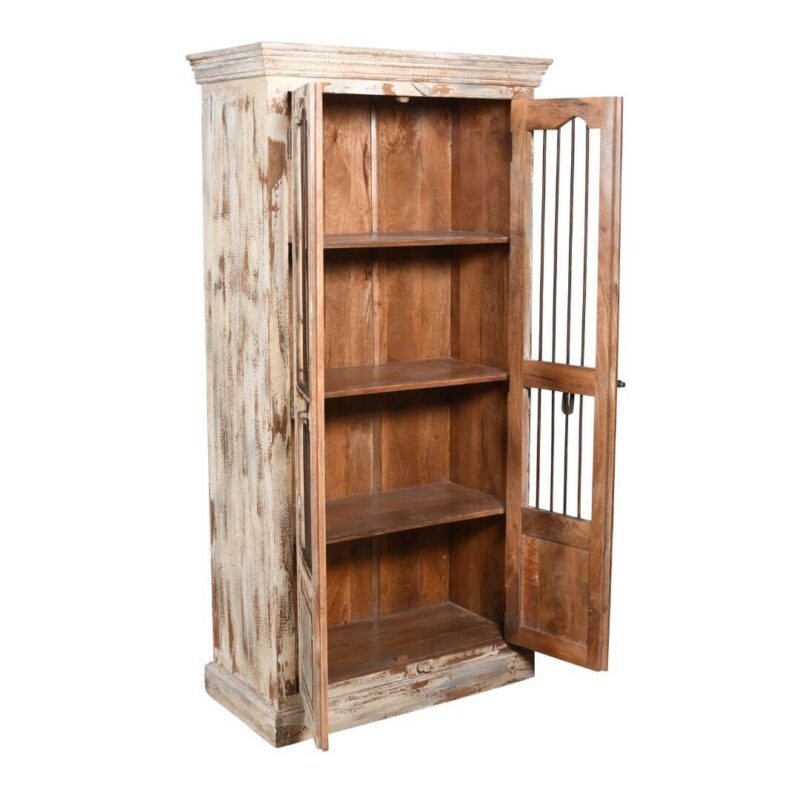 Vintage Indian Teak Wood Reclaimed Jali Door Cabinet – Distressed White Display Cupboard - Image 3