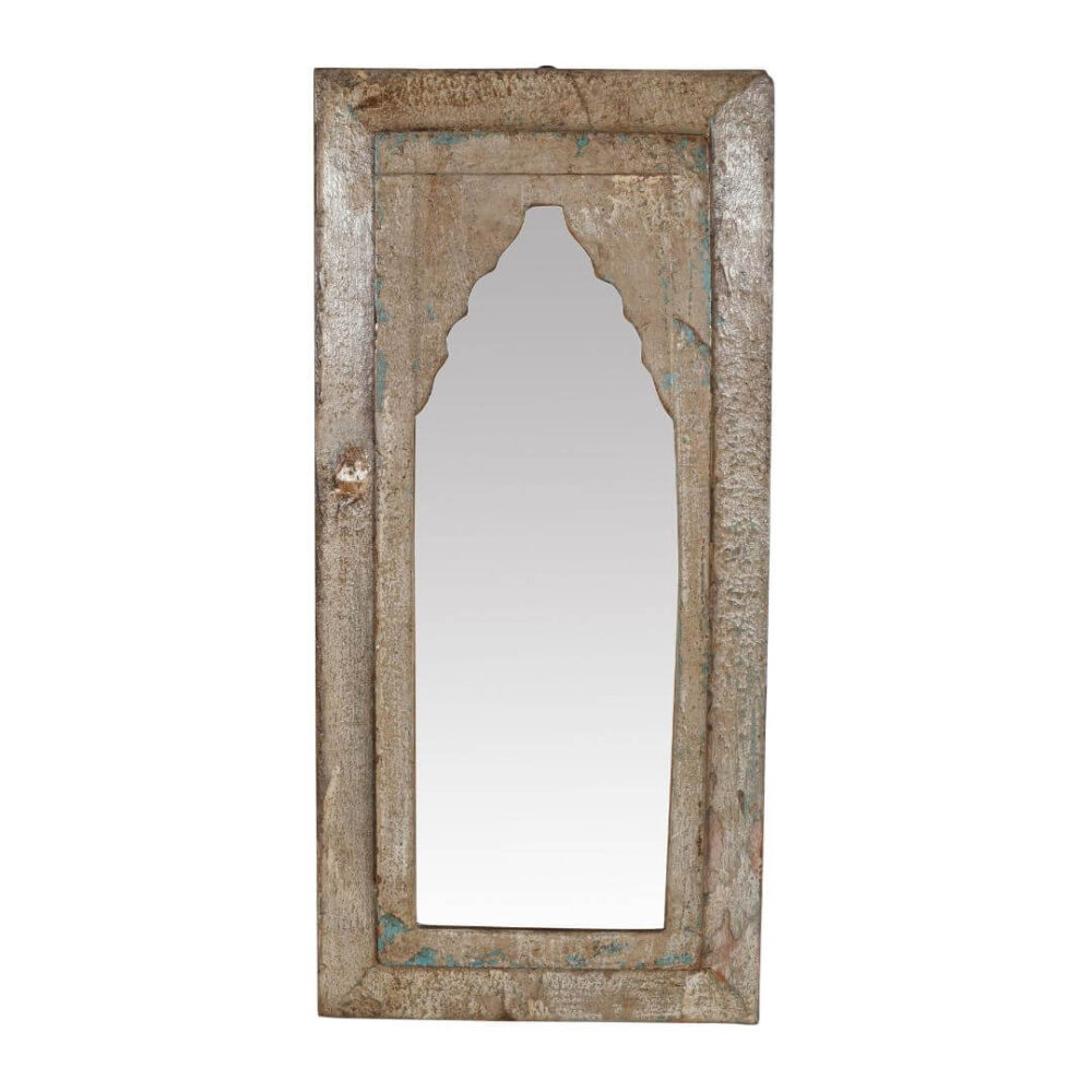 Rustic Vintage Reclaimed Teak Wood Indian Wall Mirror – Hand-Carved - 20x50cm