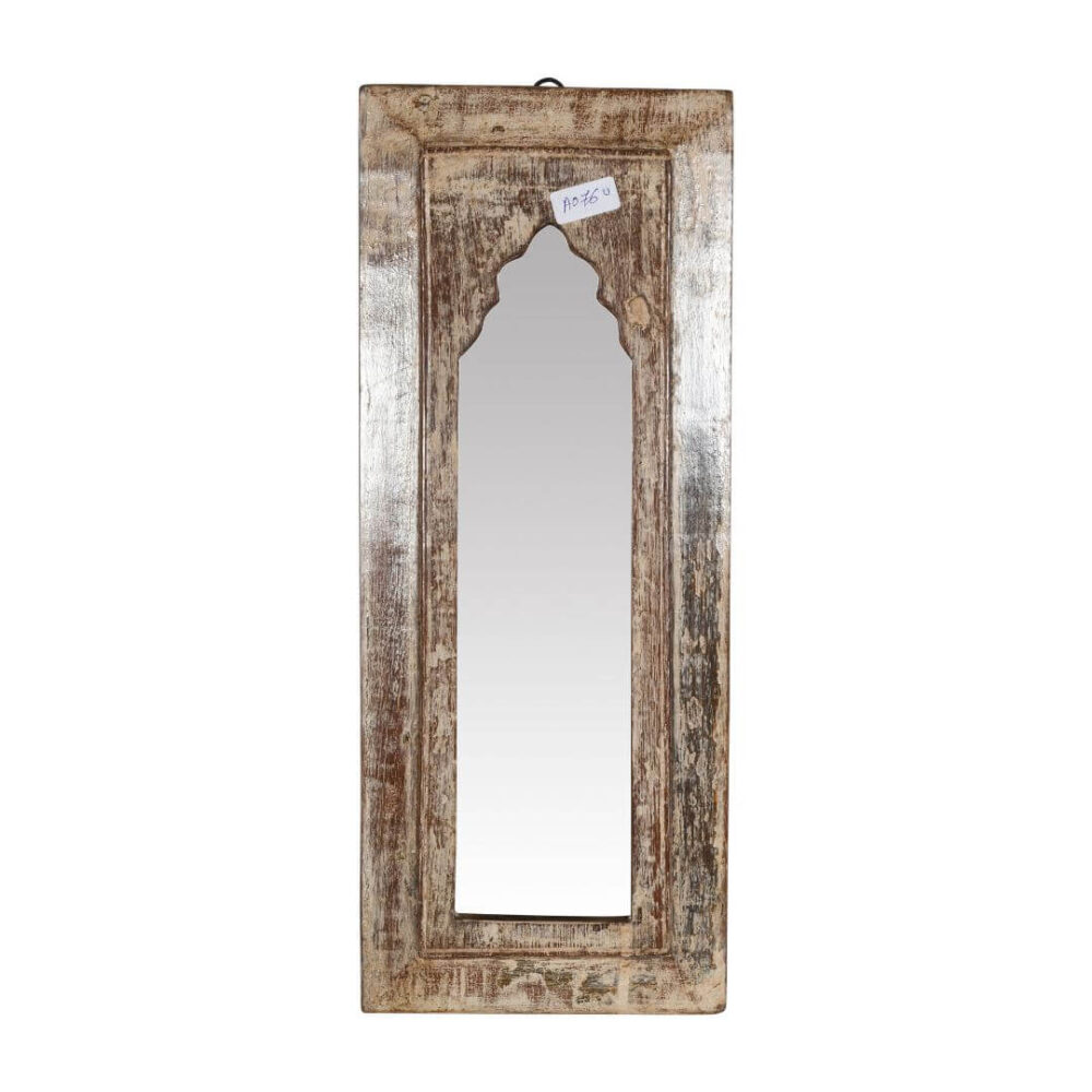 Rustic Vintage Reclaimed Teak Wood Indian Wall Mirror – Hand-Carved - 21x37cm